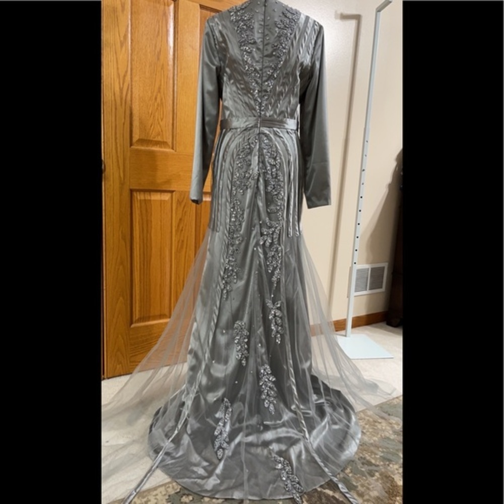 Women’s Formal Dress Gray Silver Custom Sequins Long Train Sleeves Maxi